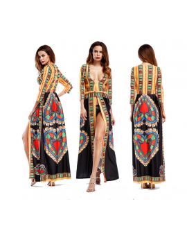 African Floral Print High Slit Long Dress