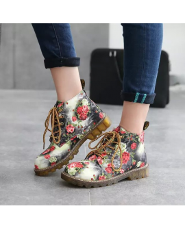 Women Ankle Floral Print Martin Lace Up Boots