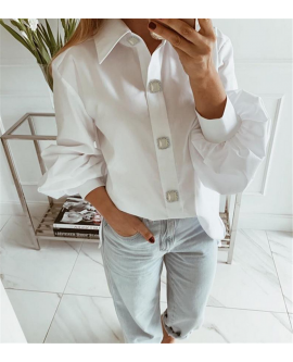 Women White Solid Long Shirt Bubble Sleeve Tops