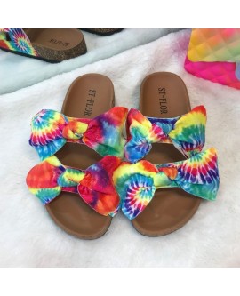 Lady Fashion Color Print Bow Tie Slippers 