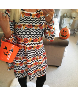 Women Long Sleeve Halloween Pumpkin Print Party Dress